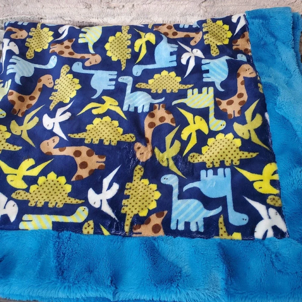 Ultra SOFT LUXE Minky‎ Baby Boy Blanket Dinosaurs Silky Blue Backing MADE IN USA
